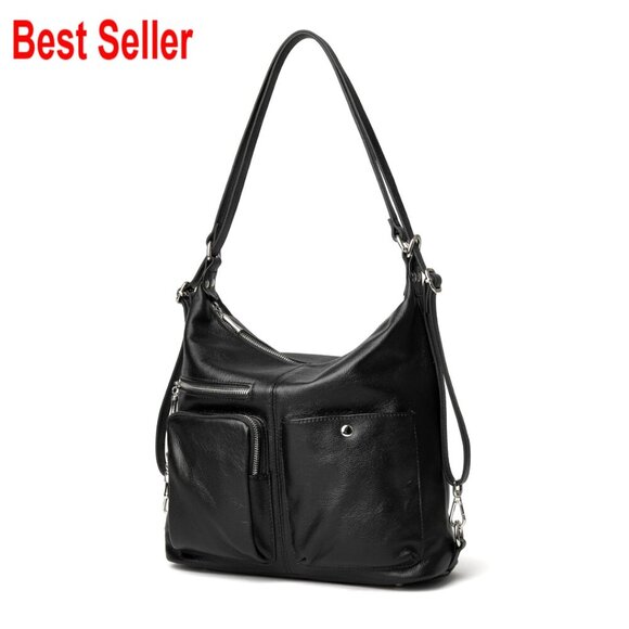 Handbags - Large Leather Shoulder Bag Convertible Backpack Multi Pockets